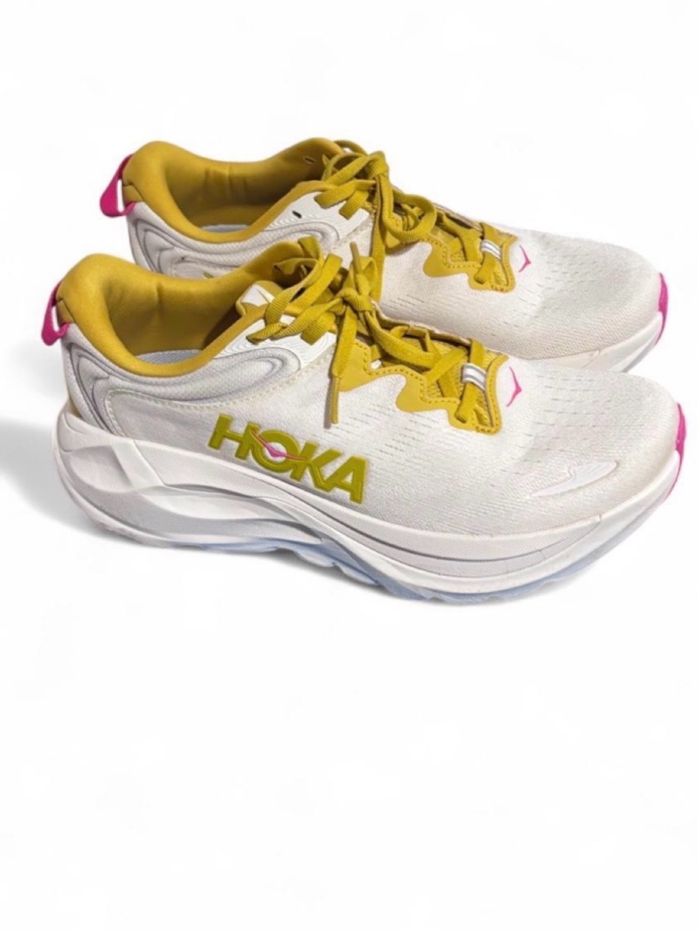 Hoka Women's Gaviota White Running Shoes with Mustard & Pink Accents